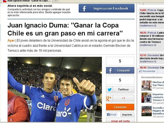Todas las portadas futbol&iacute;sticas en Chile son para Duma, el ex pibe del CAUSI.