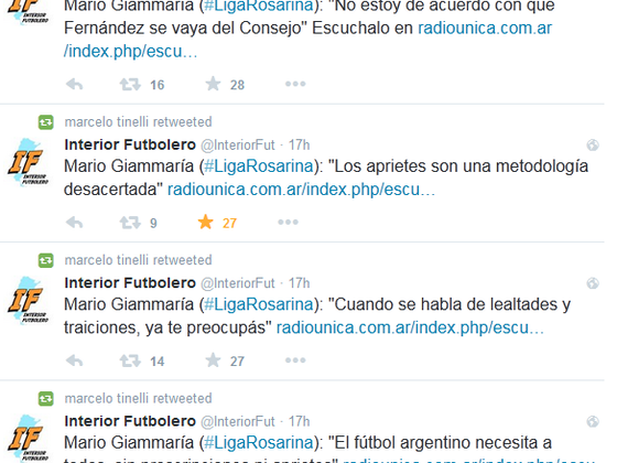 Marcelo Tinelli, quien pugna por ser candidato a la presidencia de AFA, se hizo eco desde su propia cuenta de Twitter de las declaraciones de Giammaría las cuales las compartió entre sus seguidores