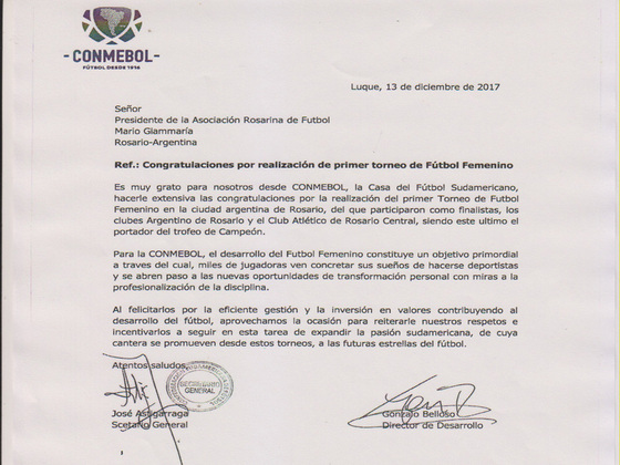 El documento que acredita el respaldo de CONMEBOL a la Asociaci&oacute;n Rosarina de F&uacute;tbol.