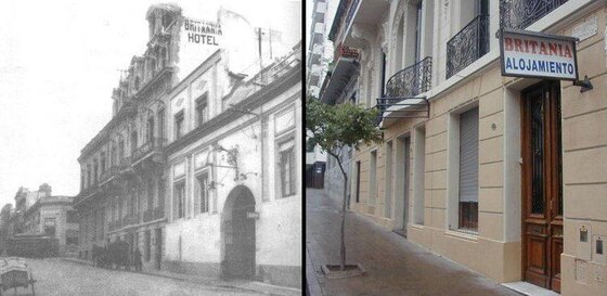 En el Hotel Britania se fundó, el 30 de marzo de 1905, la Liga Rosarina de Fútbol. Está en San Martín casi esquina Tucumán. He aquí fotos de "Antes y Después".
