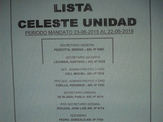 Así quedó conformada la Lista Celeste, Unidad, que encabezó Sergio Fabián Pezzotta.