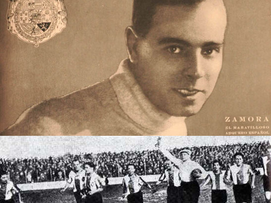 Ricardo Zamora, "el divino", era considerado por entonces el mejor arquero de Europa. En la gira de 1926 perdió un sólo partido en la Argentina, ante la Selección de Rosario. En la foto superior, tapa de El Gráfico. La inferior, festejando en Uruguay, tras vencer a Nacional.