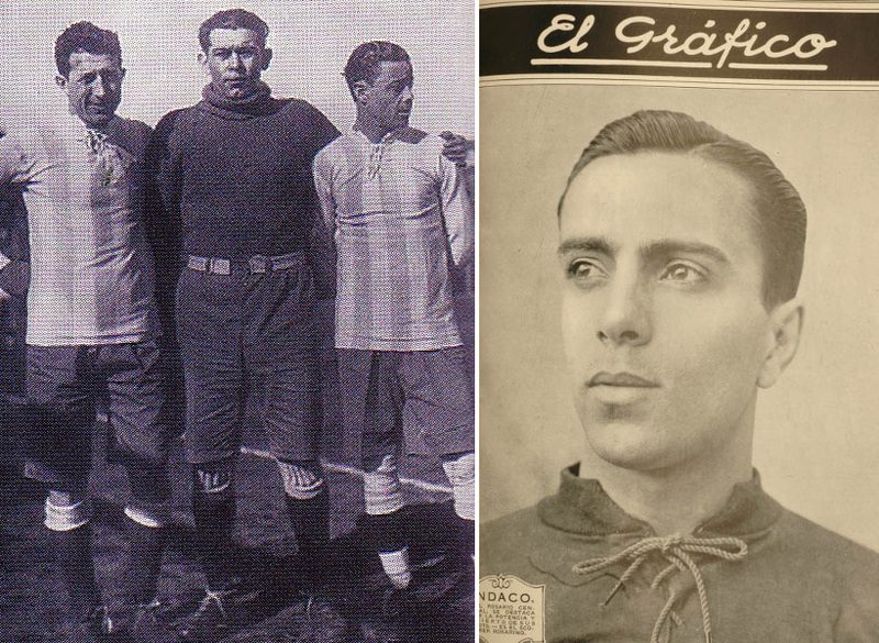 Izquierda: El arquero rosarino Octavio Díaz, el "negro", fue campeón de América con la Selección, y figura en la semifinal. Era sobrino de Zenón Díaz. Derecha: Luis Indaco en la tapa del Gráfico. Delantero de Rosario Central.