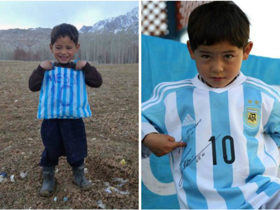 Murtaza, el ni&ntilde;o afgano que es fiel seguidor de Lionel Messi y ahora tiene sus camisetas.