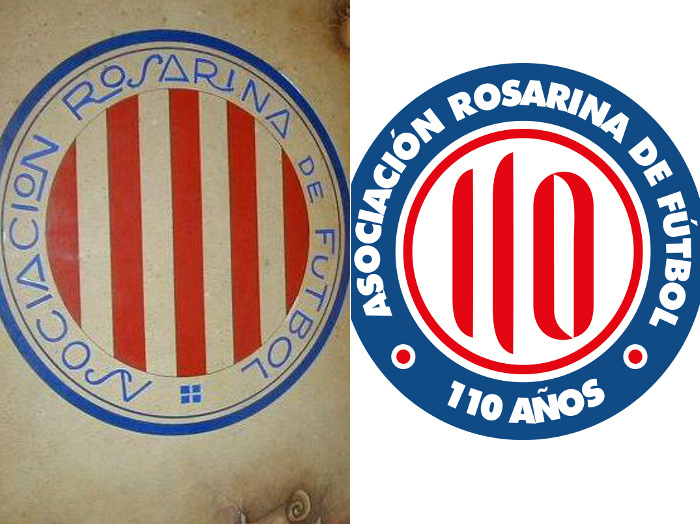 El primer escudo de la Asociación, y el que se diseñó en 2015 para conmemorar los 110 años.