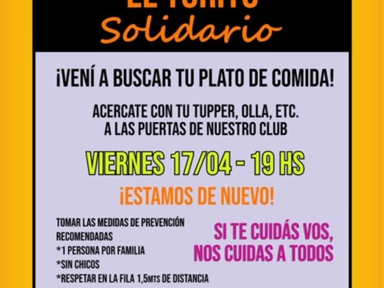 El Torito entregará alimentos el viernes 17 de abril a las 19hs. Se ruega cumplir con la distancia social