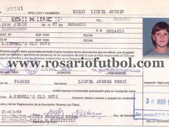 La ficha de Lionel Messi en la ARF.
